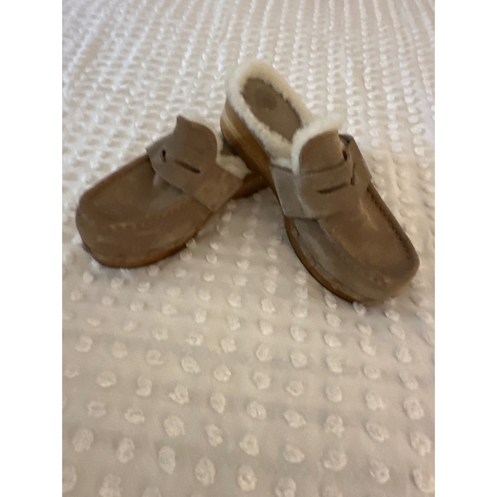Frye Women Mushroom Suede Penny Loafer Clogs Shearling Wood Sole FR40043 9M